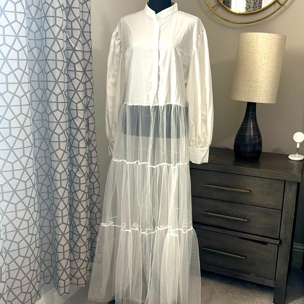 Long Sheer Tulle Shirt Dress